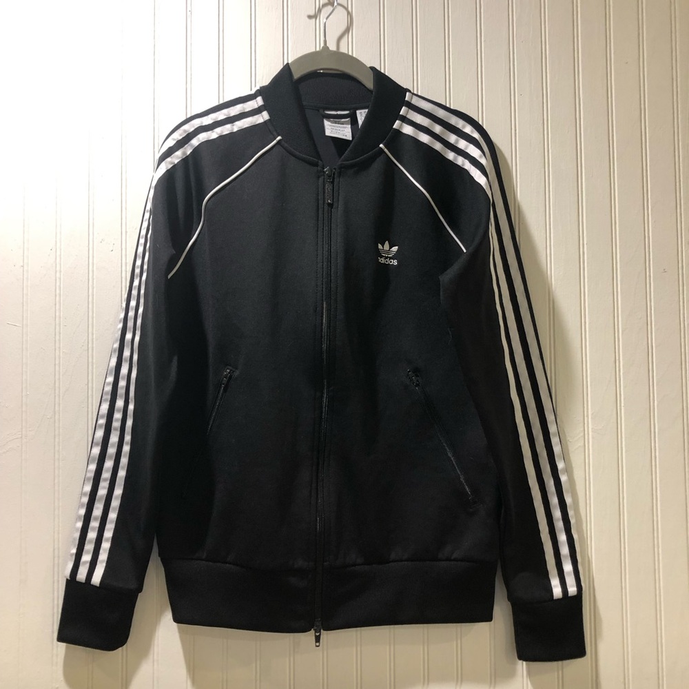 Adidas Men's Black Bomber Jacket with White Stripes